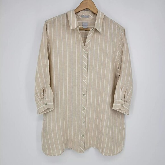 Chico's Linen Button Down Top 3 Beige stripes Coastal Beachy - Picture 1 of 10